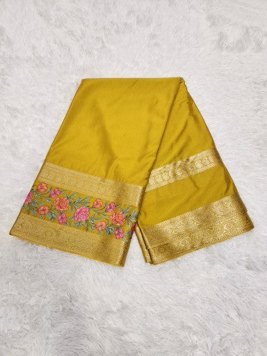 Mango Yellow Fancy Saree With Copper Zari & Mango Yellow Pallu Design