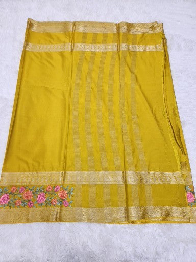 Mango Yellow Fancy Saree With Copper Zari & Mango Yellow Pallu Design