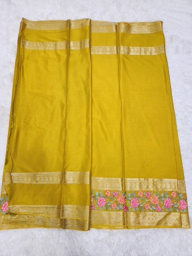 Mango Yellow Fancy Saree With Copper Zari & Mango Yellow Pallu Design