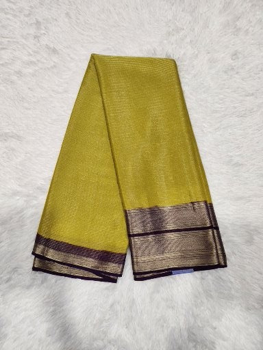 Lemon Yellow Fancy Saree With Silver Zari & Dark Purple Pallu