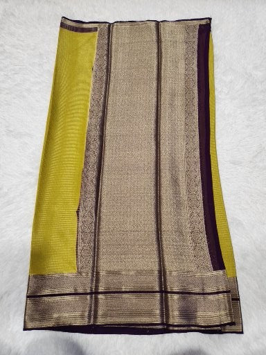 Lemon Yellow Fancy Saree With Silver Zari & Dark Purple Pallu