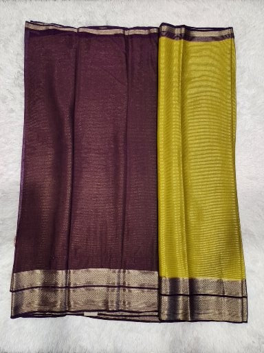 Lemon Yellow Fancy Saree With Silver Zari & Dark Purple Pallu
