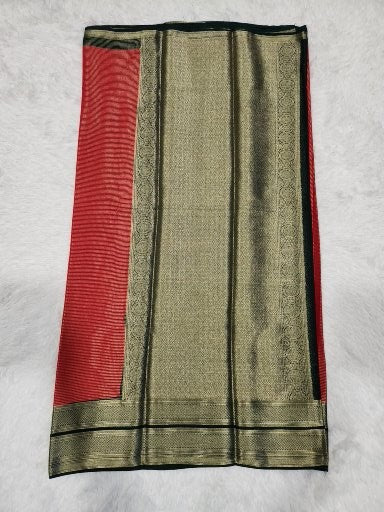 Red Fancy Saree With Silver Zari & Dark Green Pallu Design
