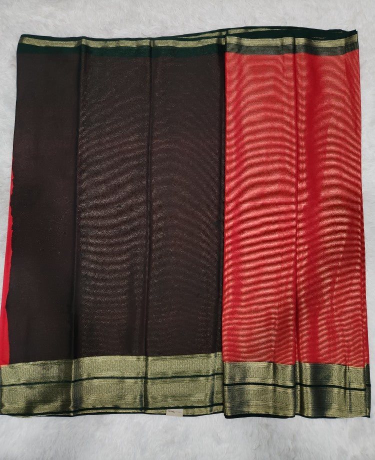 Red Fancy Saree With Silver Zari & Dark Green Pallu Design