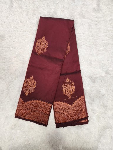 Dark Brown Semi Kaanchi Saree with Copper Zari & Dark Brown Pallu Design