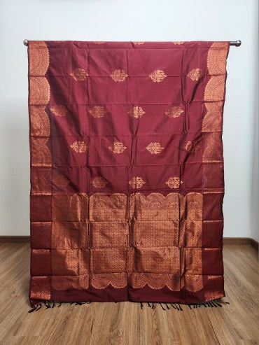 Dark Brown Semi Kaanchi Saree with Copper Zari & Dark Brown Pallu Design