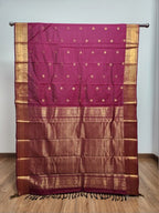 Wine Red  Semi Kaanchi Saree with Copper Zari & Wine Red Pallu