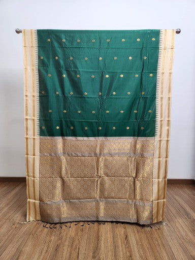 Bottle Green Semi Kaanchi Saree with Copper Zari & Small Butta Design