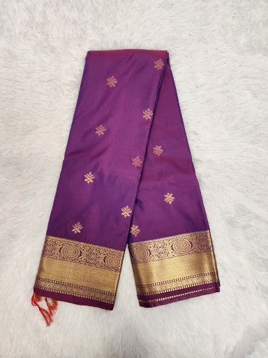 Parrot Purple Semi Kaanchi Saree with Copper Zari & Small Butta Design