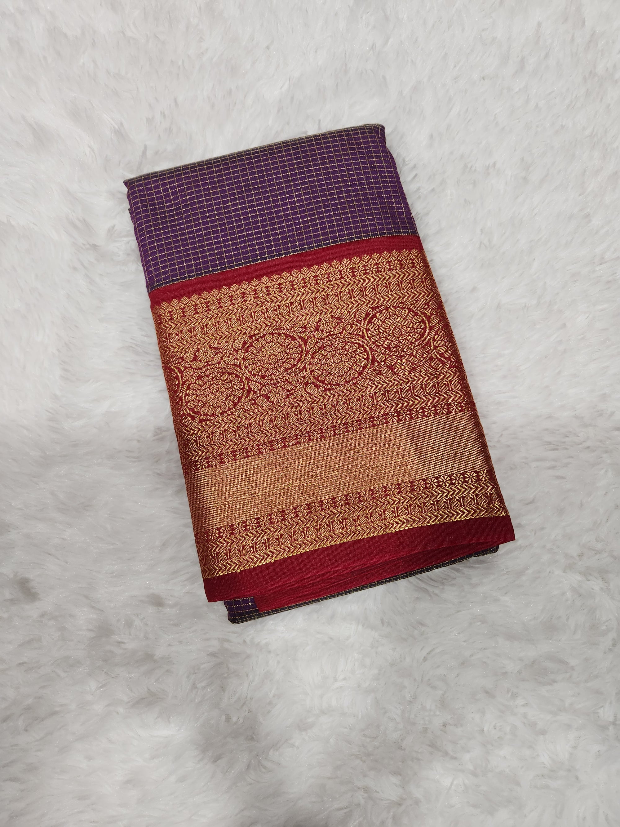 Purple Semi Kanchi Saree with Gold Zari Checks & Maroon Pallu