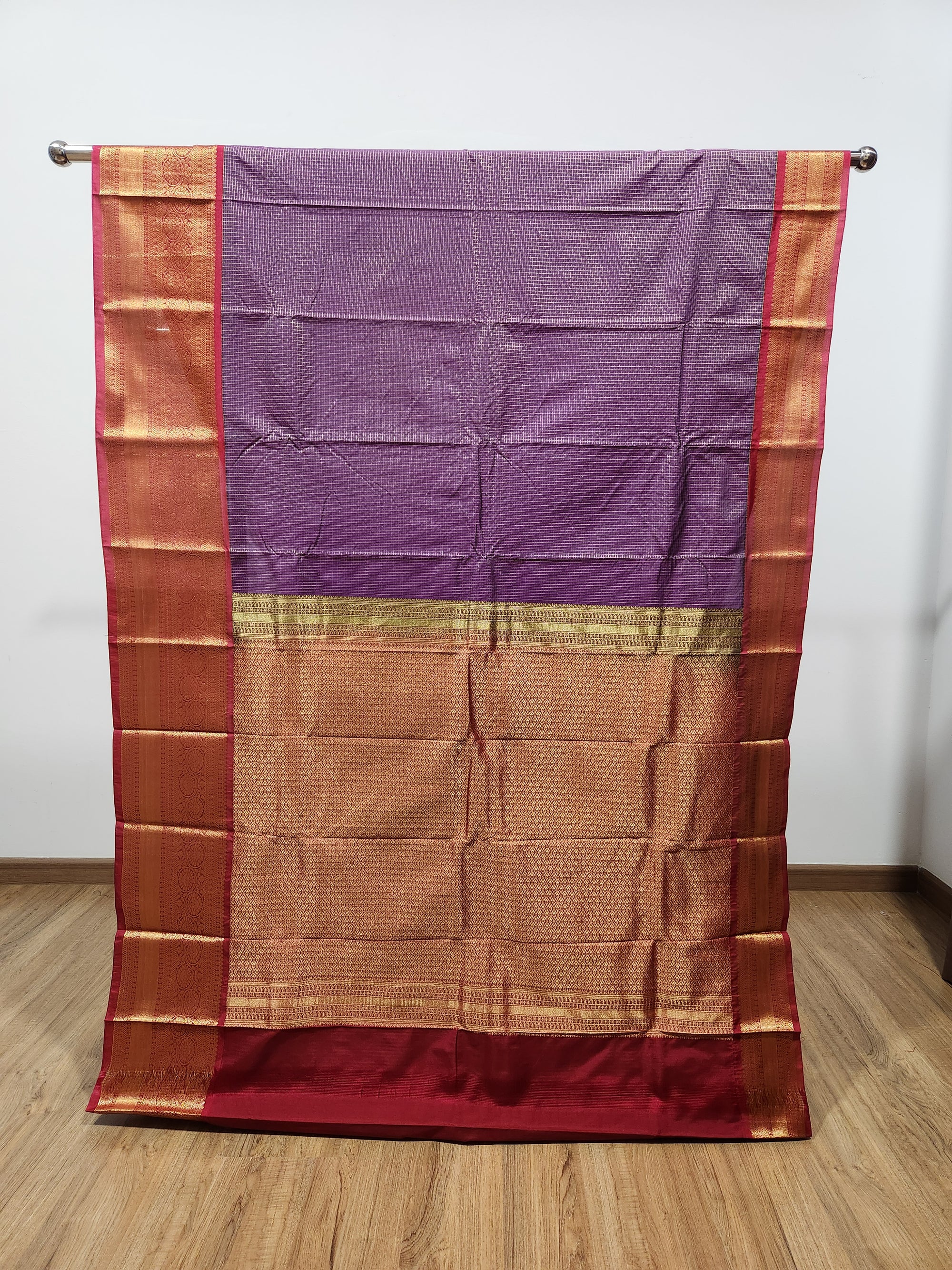 Purple Semi Kanchi Saree with Gold Zari Checks & Maroon Pallu