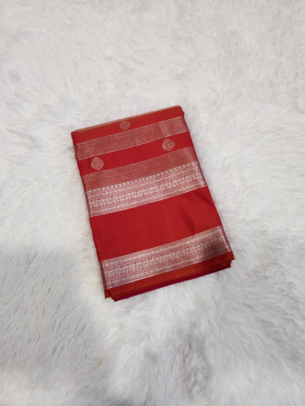 Red Orange Semi Kanchi Saree with Silver Zari & Horizontal Line Design