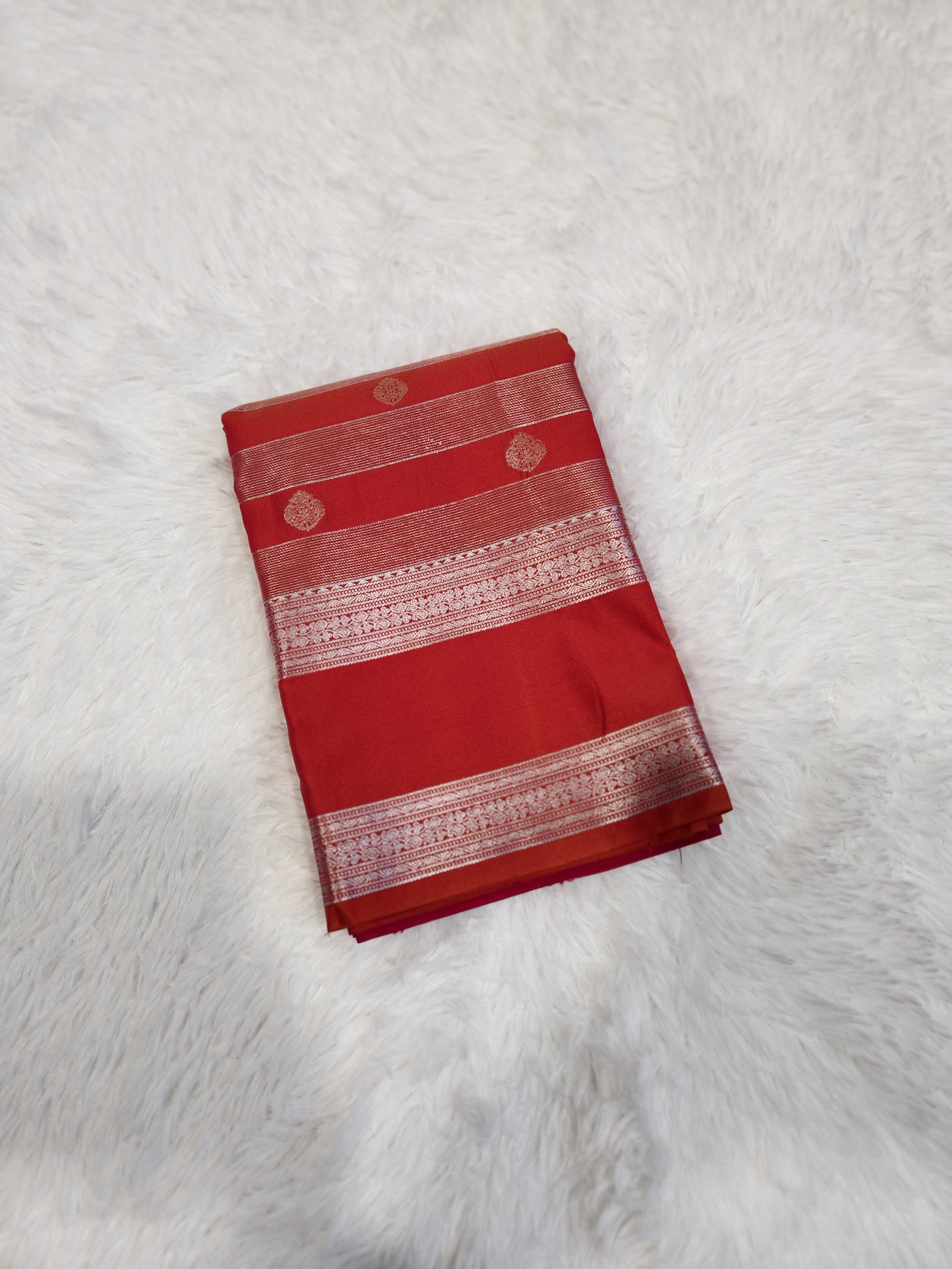 Red Orange Semi Kanchi Saree with Silver Zari & Horizontal Line Design