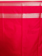 Red Orange Semi Kanchi Saree with Silver Zari & Horizontal Line Design