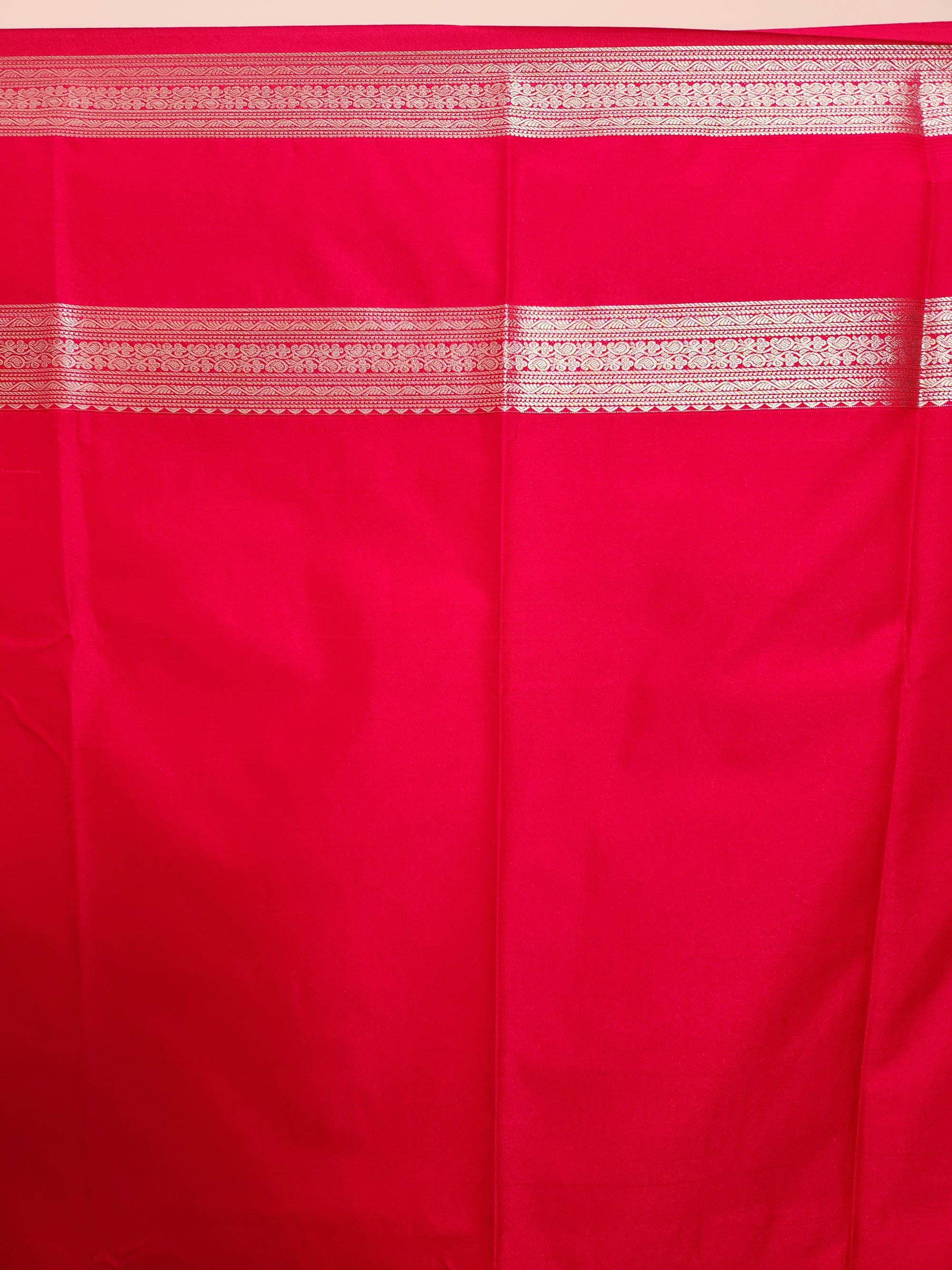 Red Orange Semi Kanchi Saree with Silver Zari & Horizontal Line Design