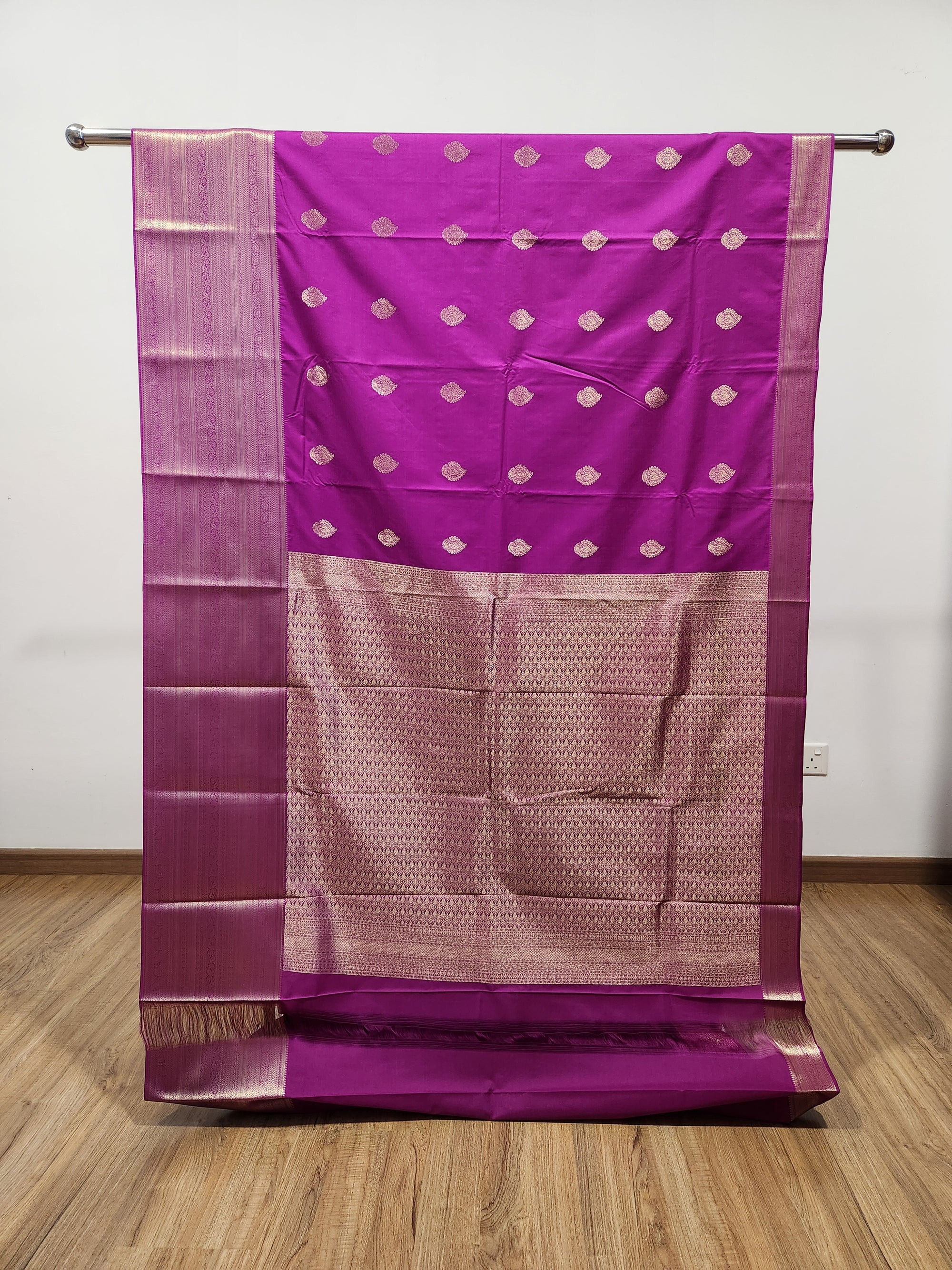 Violet Semi Kanchi Saree with Gold Zari & Long Border