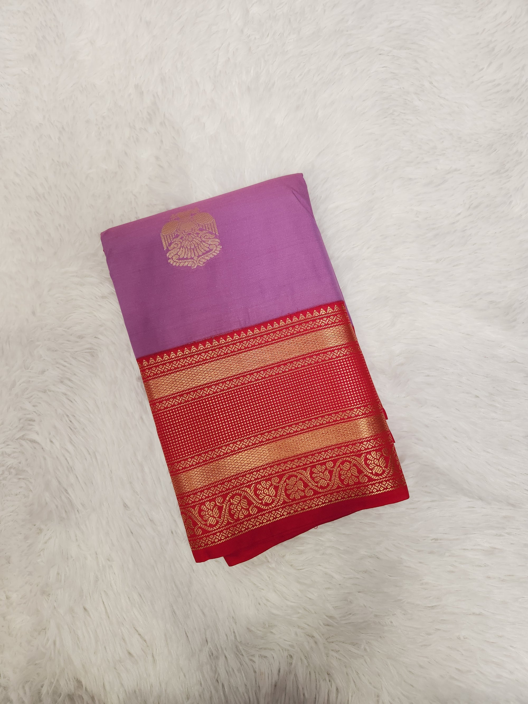 Lavender Semi Kanchi Saree with Gold Zari & Red Pallu