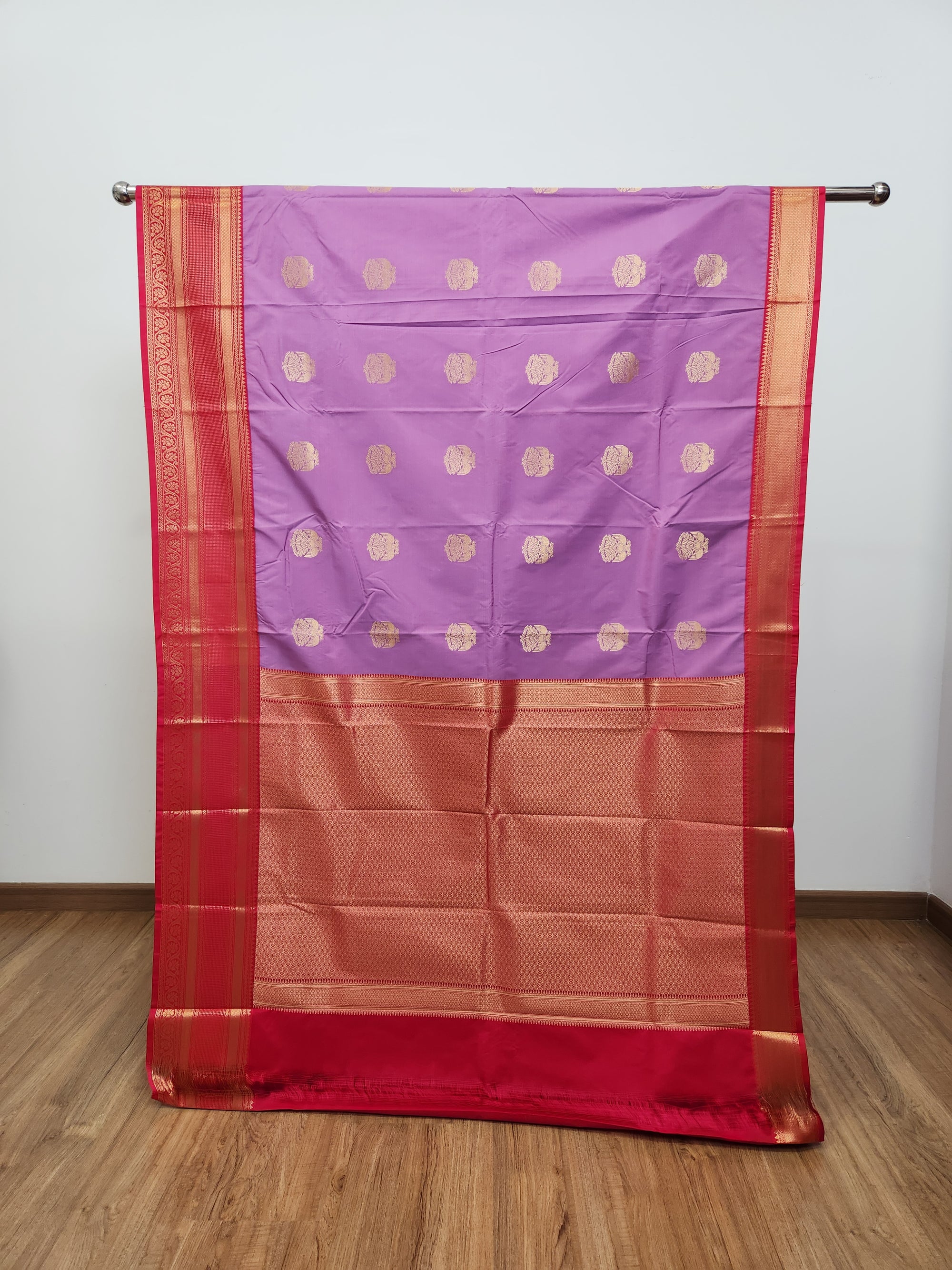 Lavender Semi Kanchi Saree with Gold Zari & Red Pallu