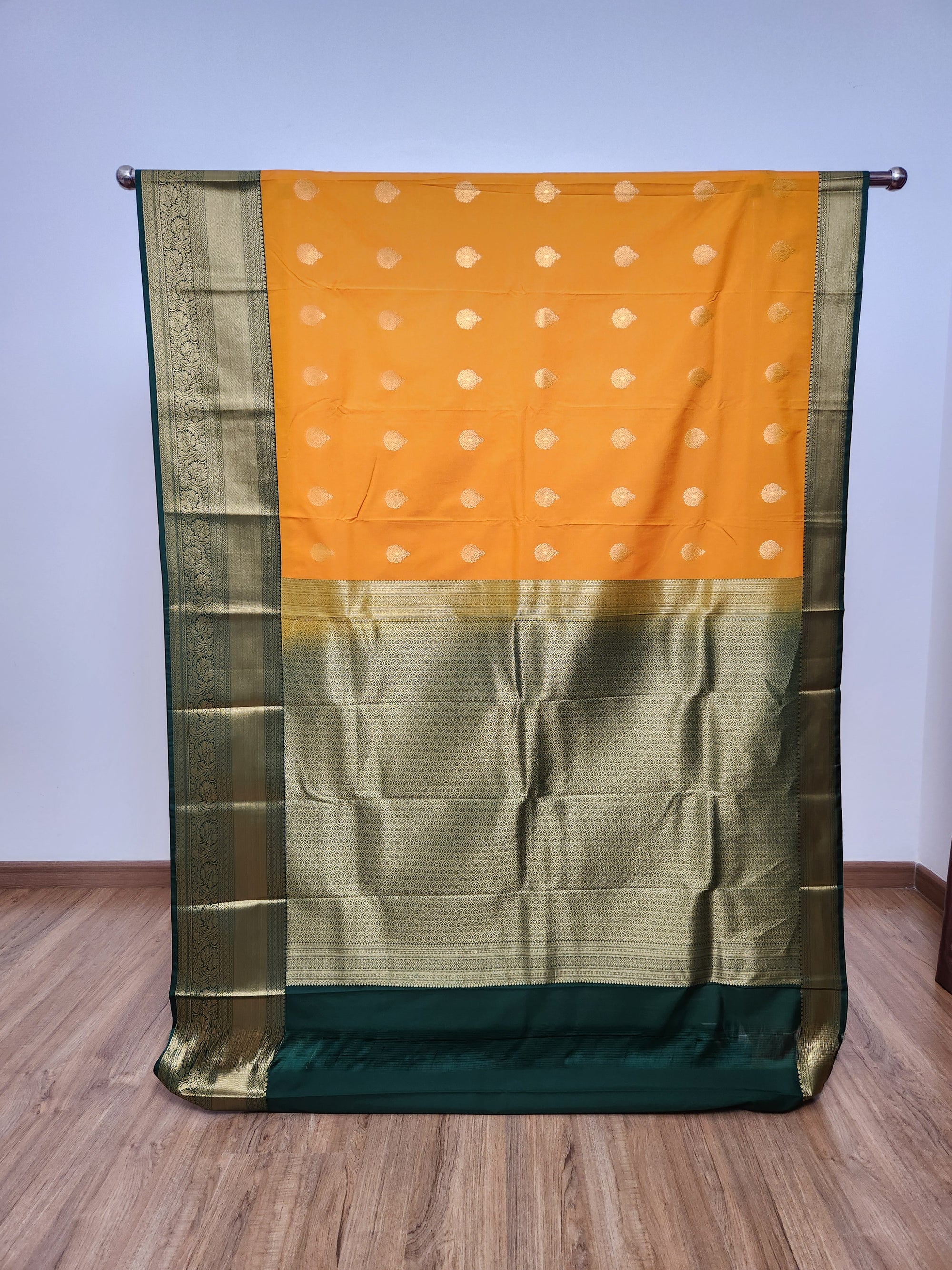 Marigold Yellow Semi Kanchi Saree with Gold Zari & Dark Green Pallu