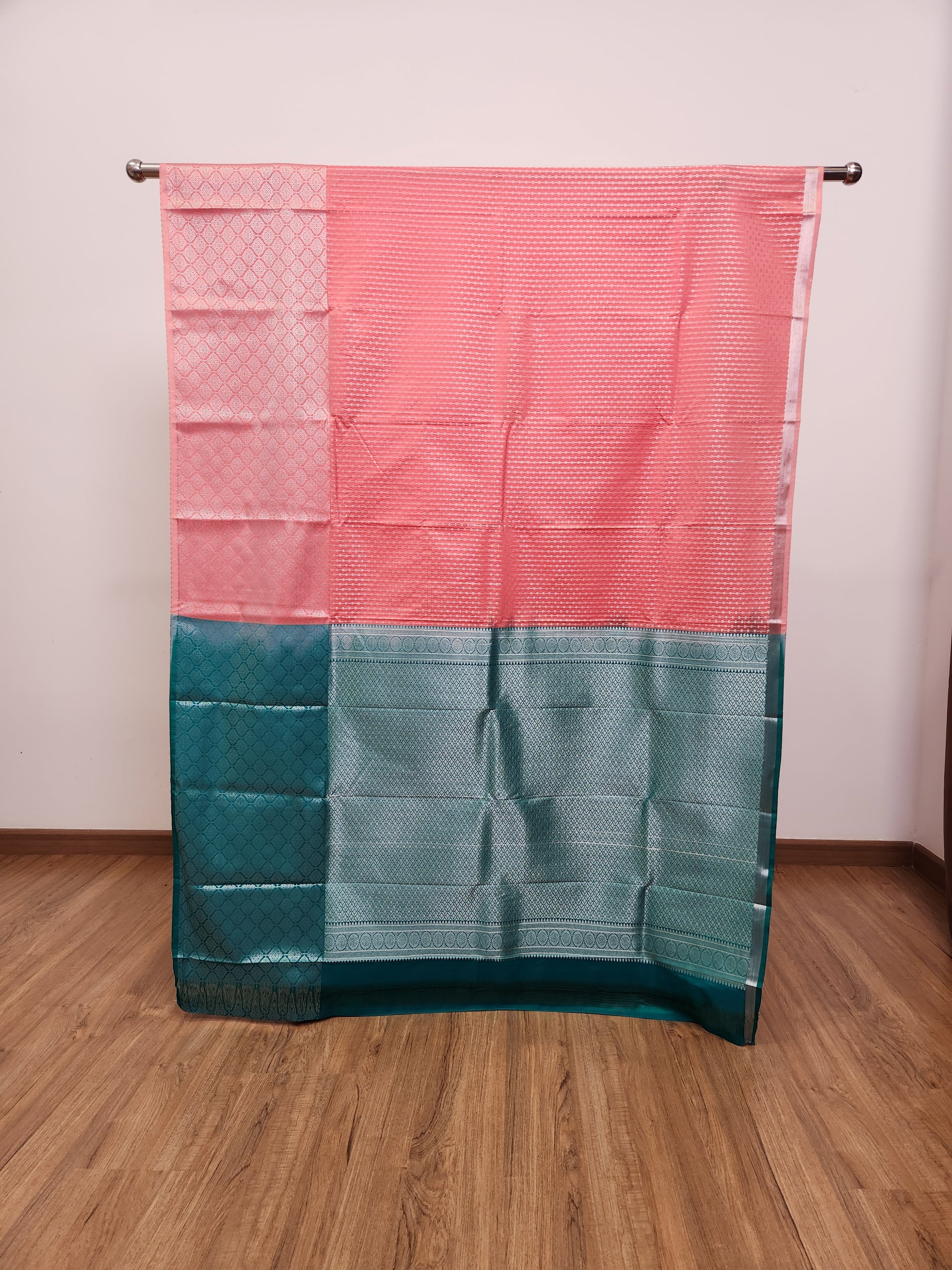 Powder Pink Semi Kanchi Saree with Silver Zari & Turquoise Pallu