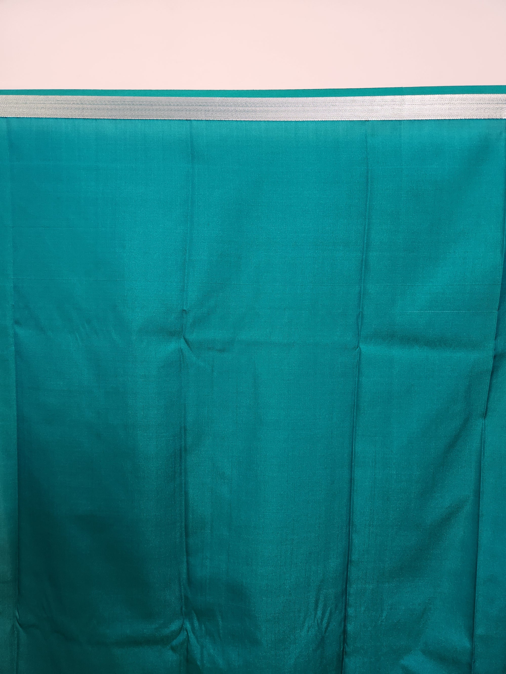 Powder Pink Semi Kanchi Saree with Silver Zari & Turquoise Pallu