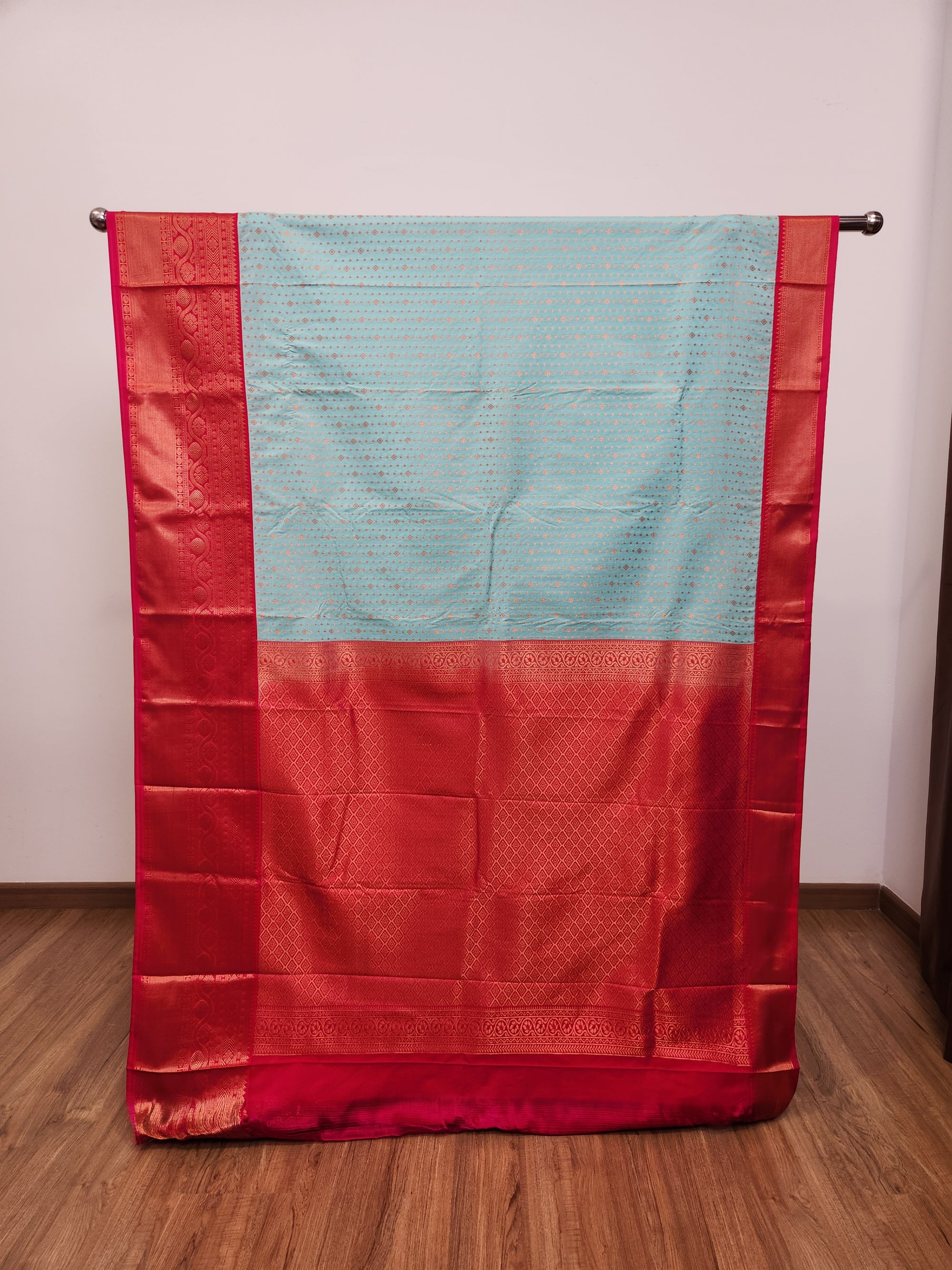 Baby Blue Semi Kanchi Saree with Copper Zari & Dark Pink Pallu