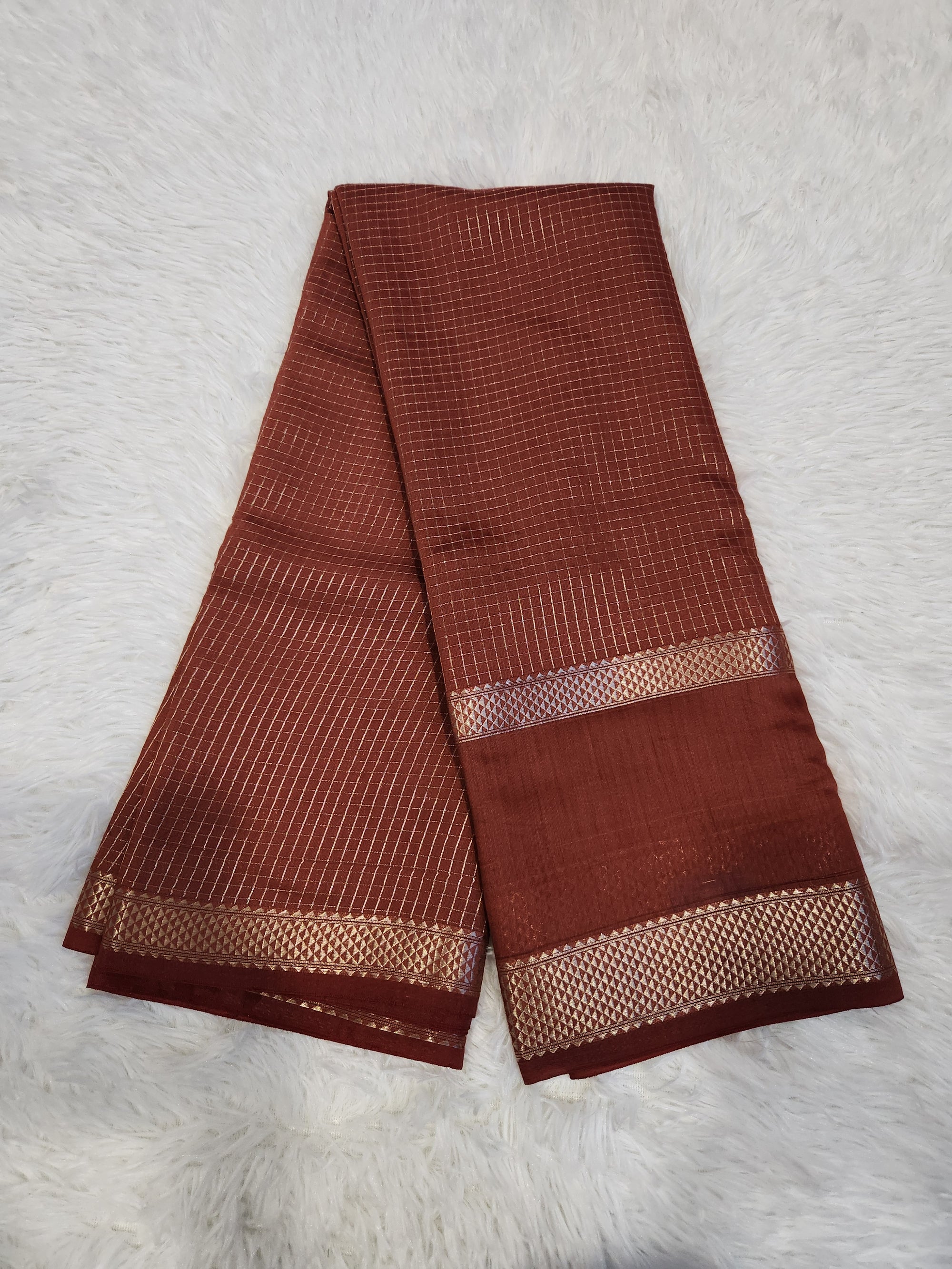Rust Orange Fancy Saree With Silver Zari & Small Checks Design
