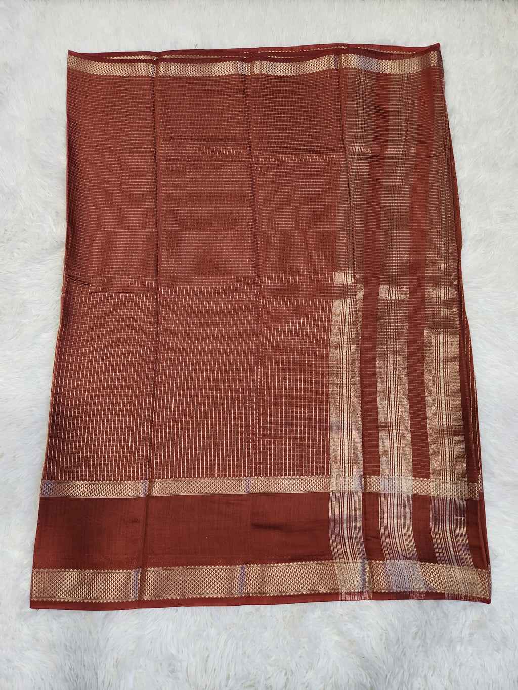 Rust Orange Fancy Saree With Silver Zari & Small Checks Design