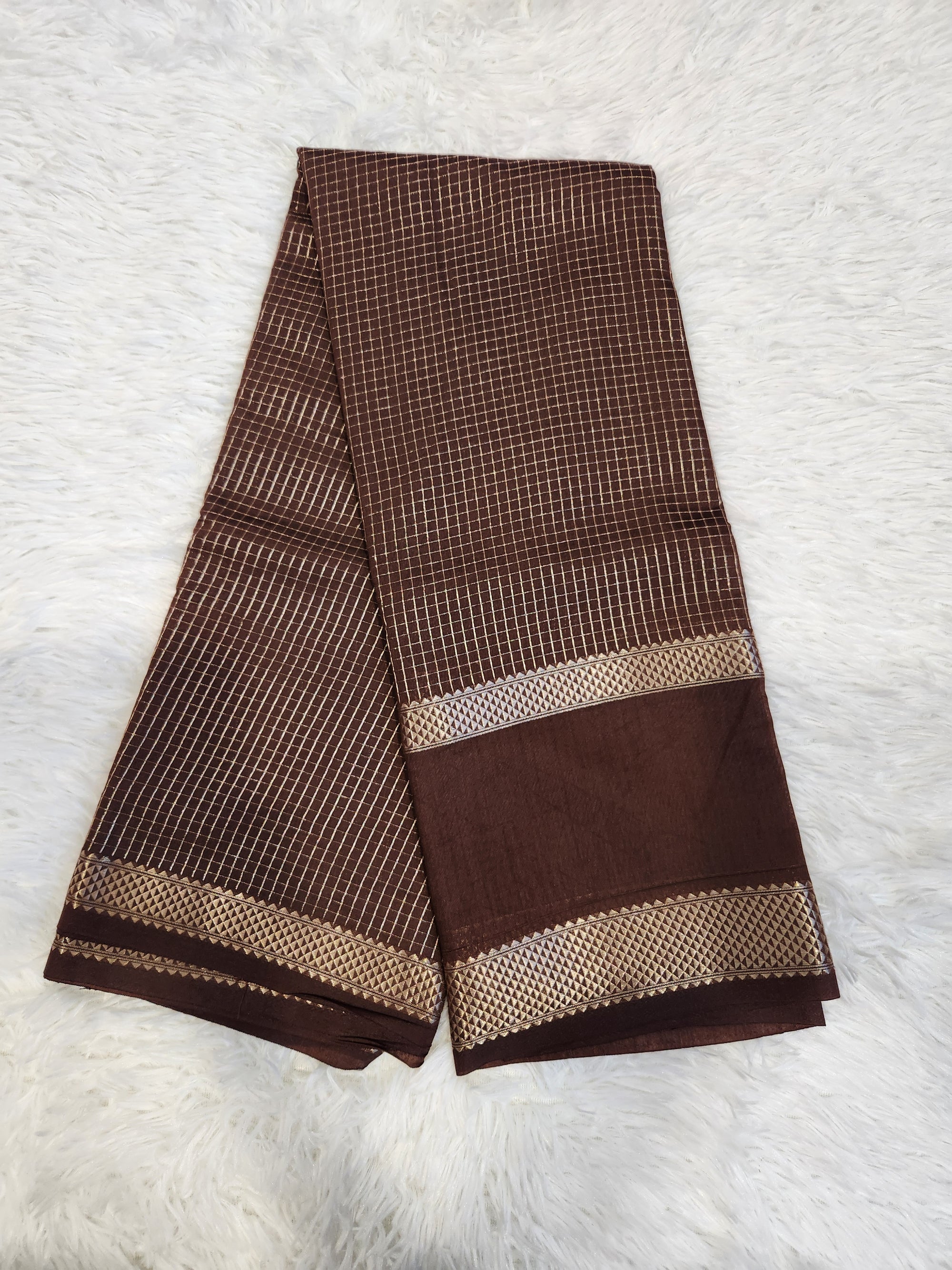 Coffee Brown Fancy Saree With Silver Zari & Small Checks Design