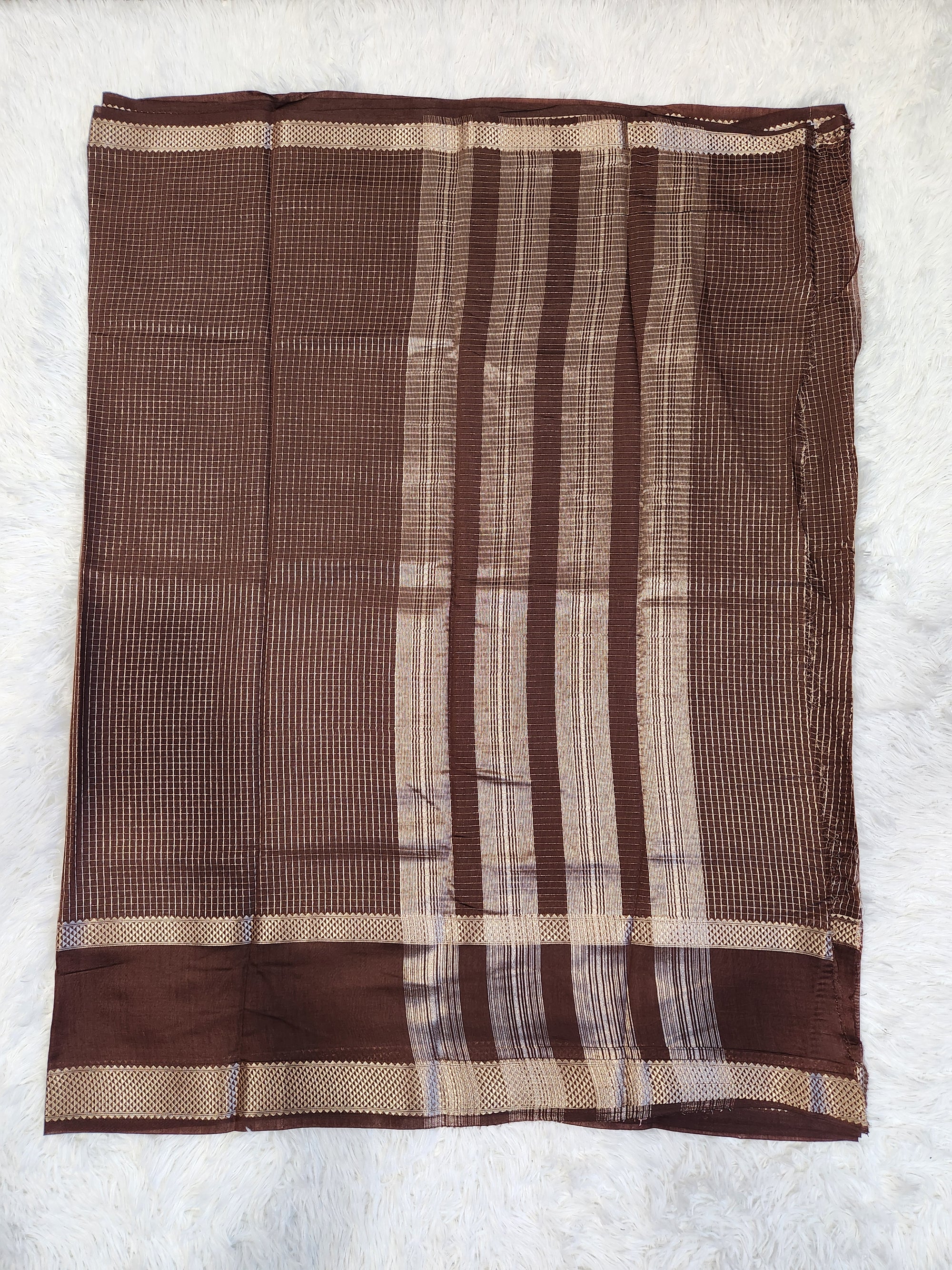 Coffee Brown Fancy Saree With Silver Zari & Small Checks Design