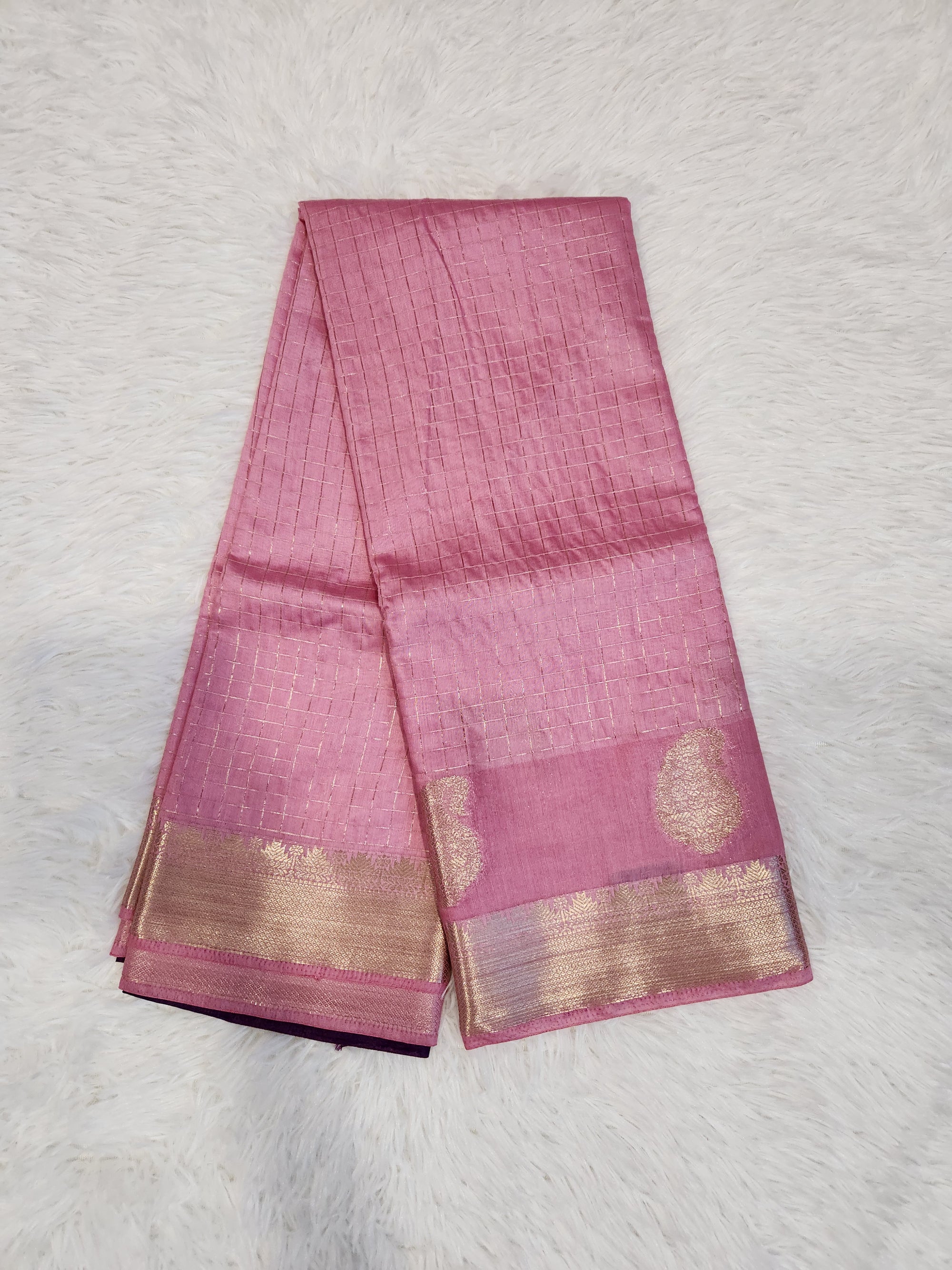 Baby Pink Fancy Saree With Silver Zari & Checks Design
