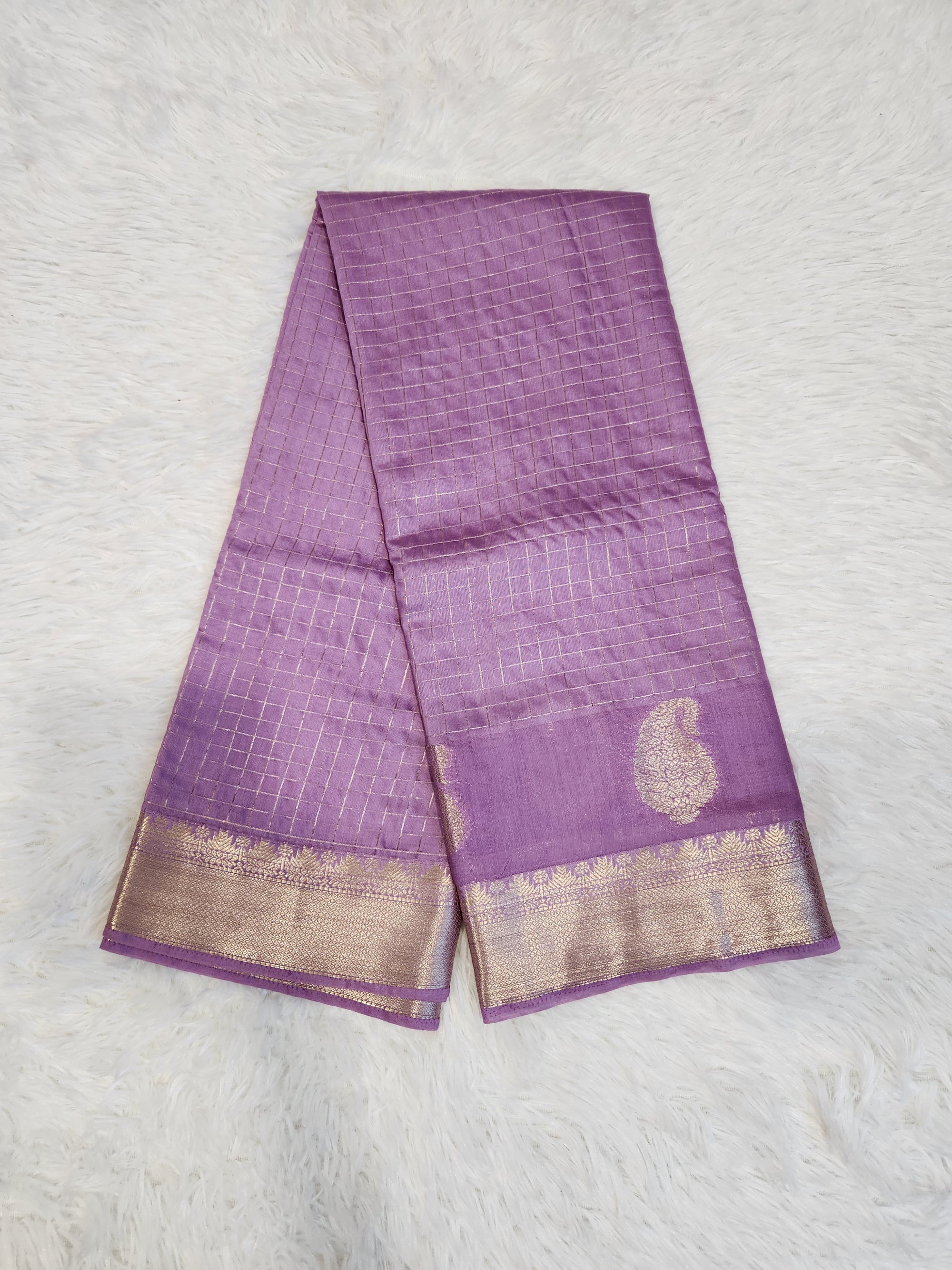 Lilac Fancy Saree With Silver Zari & Checks Design