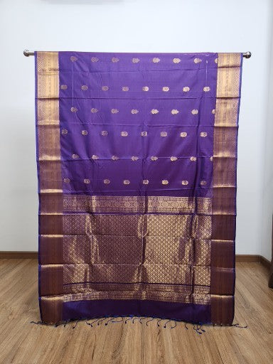Dark Purple Semi Kaanchi Saree with Copper Zari & Small Butta Design