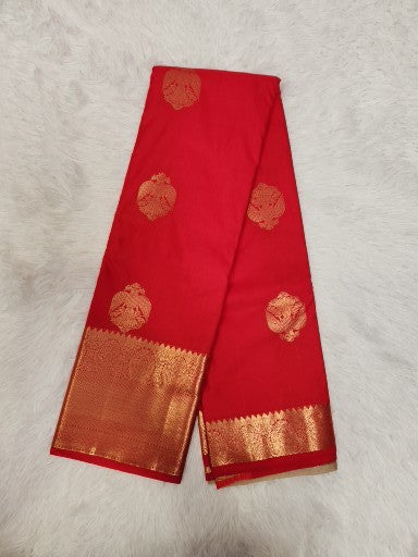 Red Semi Kaanchi Saree with Gold Zari & Small Butta Design