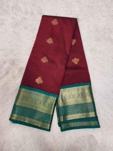 Wine Red Semi Kaanchi Saree with Copper Zari & Small Butta Design