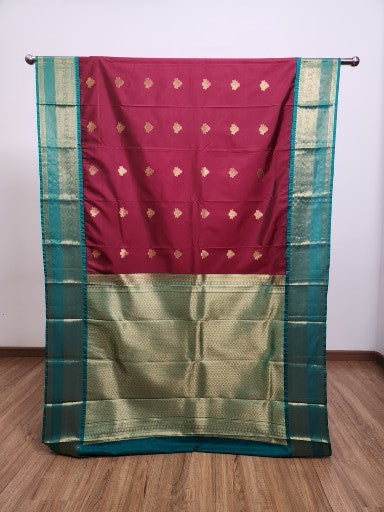 Wine Red Semi Kaanchi Saree with Copper Zari & Small Butta Design