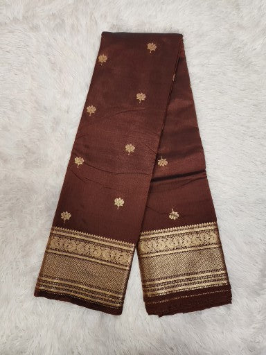 Dark Brown Semi Kaanchi Saree with Copper Zari & Small Butta Design