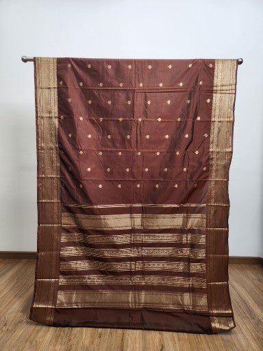 Dark Brown Semi Kaanchi Saree with Copper Zari & Small Butta Design