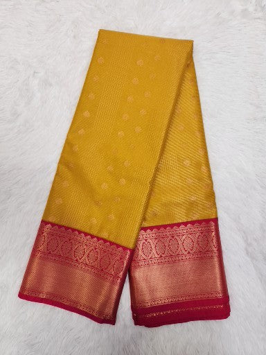 Mango Yellow Semi Kaanchi Saree with Gold Zari & Small Butta Design
