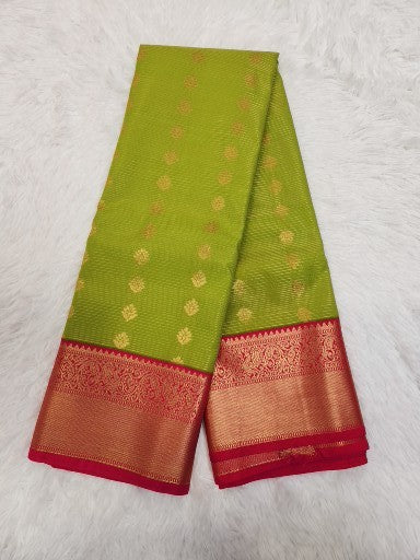 Parrot Green Semi Kaanchi Saree with Gold Zari & Small Butta Design
