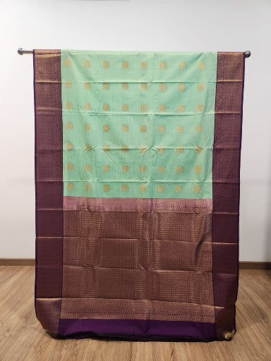 Mint Green Semi Kaanchi Saree with Gold Zari & Small Butta Design