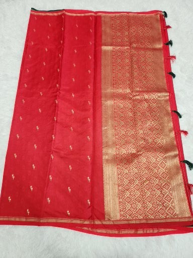 Red Soft Silk Saree with Copper Zari & Red Pallu Design