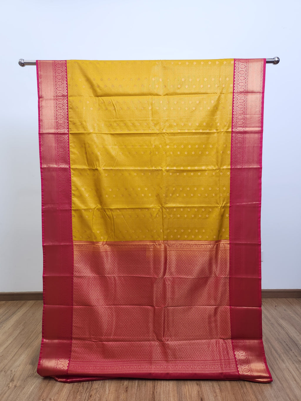 Mango Yellow Semi Kaanchi Saree with Gold Zari & Small Butta Design