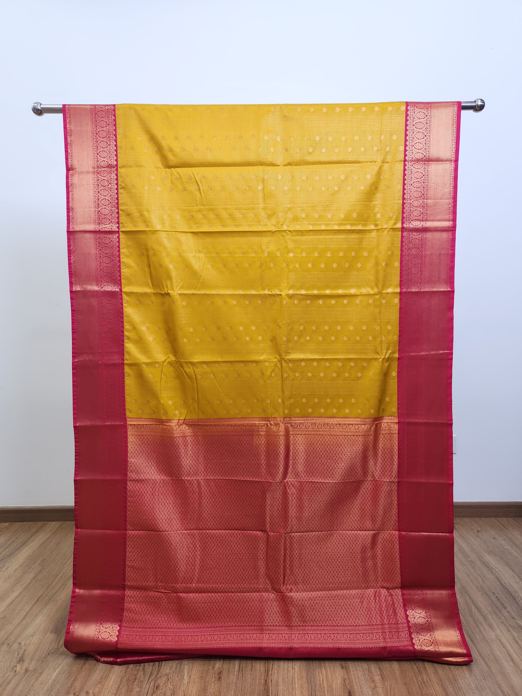 Mango Yellow Semi Kaanchi Saree with Gold Zari & Small Butta Design