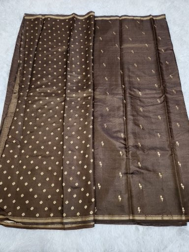 Dark Brown Soft Slik Saree With Copper Zari & Dark Brown Pallu Design