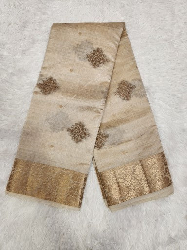 Cream Fancy Saree With Copper Zari & Cream Pallu Design