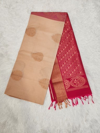 Light Brown Soft Silk Saree with Copper Zari & Red Pallu Design