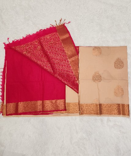 Light Brown Soft Silk Saree with Copper Zari & Red Pallu Design