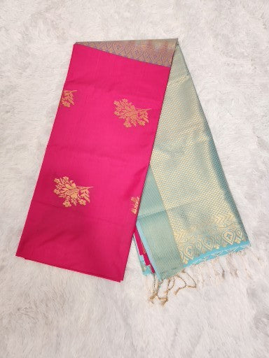 Pink Soft Silk Saree with Copper Zari & Pink Pallu Design