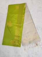 Parrot Green Soft Silk Saree with Copper Zari & Light Blue Pallu Design